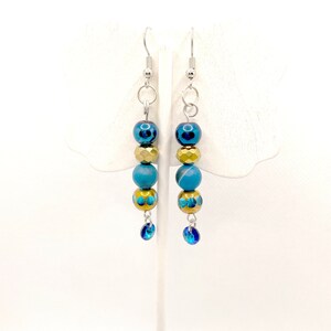 Blue Gold Glass Bead Dangling Earrings