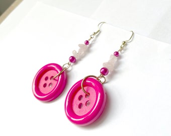 Unique Pink Rose Quartz Button Sewing Bold Dangling Earrings