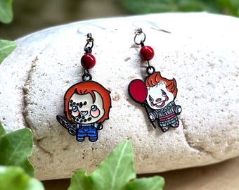 IT Clown and Chucky Earrings – Horror Movie Dangle Earrings with Red Beads – Halloween Killer Jewelry – Pennywise and Chucky Accessories