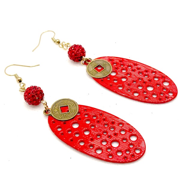 Cute Red Chinese Luck Buddha Dangling Oval Earrings with Rhinestones