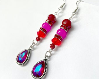 Pink Purple Red Rhinestone Valentines Day Love Dangling Teardrop Earrings