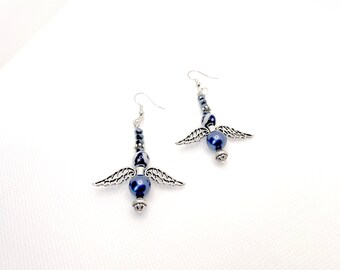 Big Angel Wings Beaded Blue Religious Pendientes colgantes