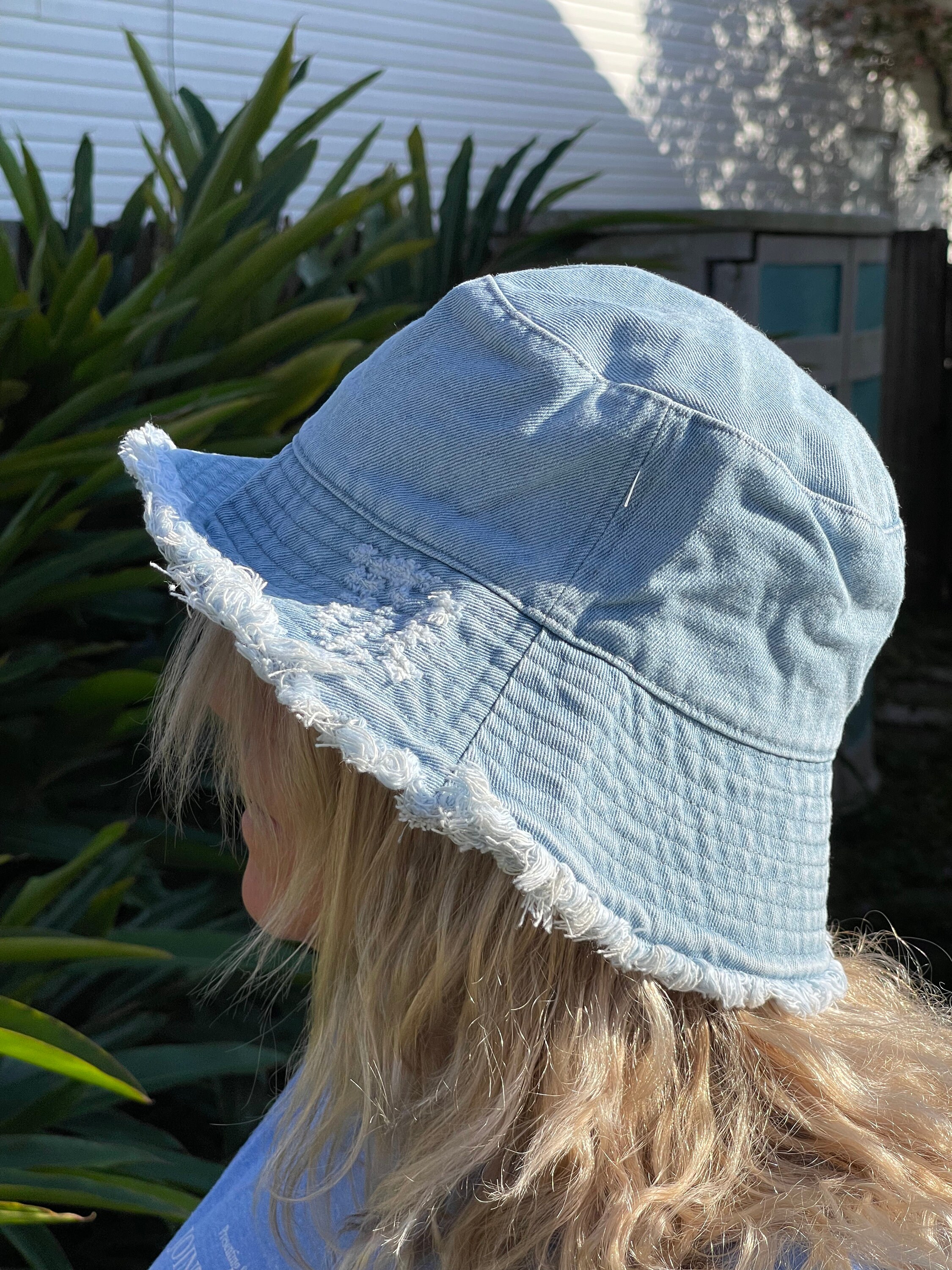 FRAYED BUCKET HAT Denim Trendy Beach Floppy Cotton 