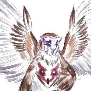 Puede incluir: Una criatura de color marrón y blanco con aspecto de búho, con ojos morados y un patrón rojo y blanco en el pecho. Tiene grandes alas emplumadas extendidas detrás de ella.