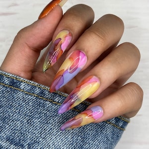 Marble Watercolor Press On Nails Glue On Nails Long Nails Stick On Nails Fake Nails Gifts For Her Almond Nails Reusable Nails image 1