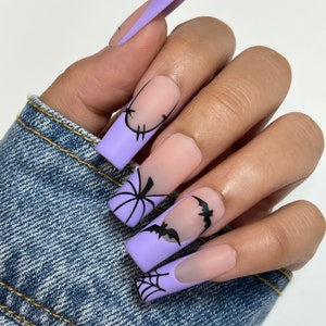 Purple Pumpkin Press On Nails | Glue On Nails | Stick On Nails | Fake Nails | Halloween Nails | Coffin Nails | Reusable Nails