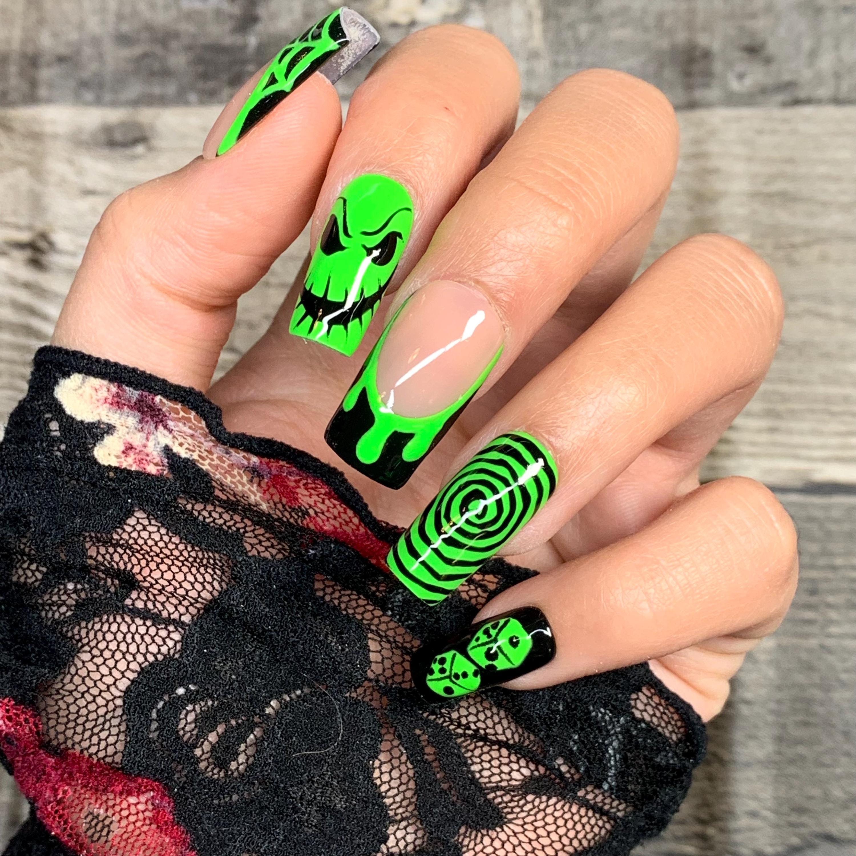 Oogie Boogie textured burlap nail art with dimensional villainous appeal