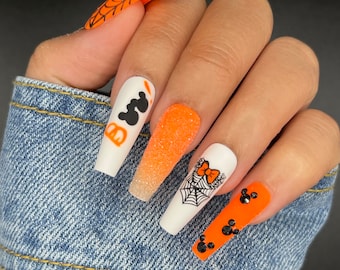 Mickey BOO Halloween Press On Nails | Long Coffin Spooky False Nails