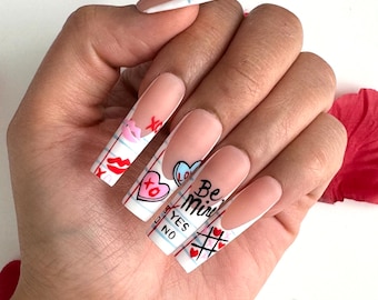 Love Note French Press On Nails | Glue On Nails | Long Nails | Stick On Nails | Fake Nails | Gifts For Her | Valentines Day | Reusable Nails