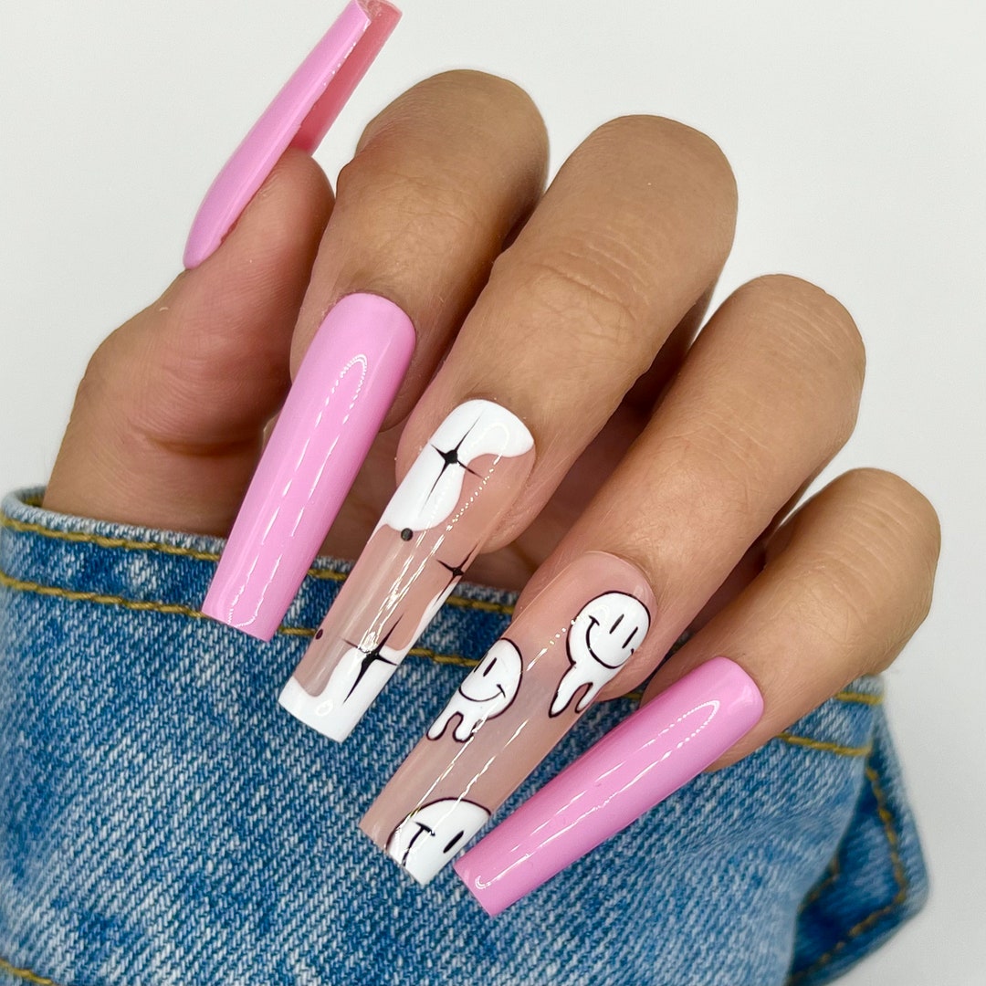 Drippy Smiley Face Press on Nails Glue on Nails Long Nails Stick on Nails Fake Nails Coffin Nail