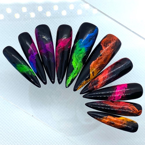 Neon Rainbow Smoke Press on Nails Glue on Nails Long Nails - Etsy