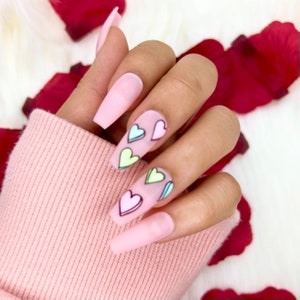 Candy Heart Press On Nails | Glue On Nails | Short Nails | Stick On Nails | Fake Nails | Gifts For Her | Coffin Nails | Reusable Nails