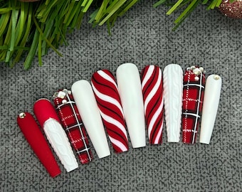 Christmas Press On Nails | Glue On Nails | Long Nails | Stick On Nails | Fake Nails | Holiday Nails | Coffin Nails | Reusable Nails