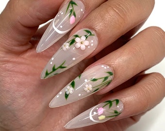 Spring Flower Press On Nails | Glue On Nails | Long Nails | Stick On Nails | Fake Nails | Gifts For Her | Reusable Nails