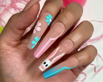 Abstract French Easter Press On Nails | Glue On Nails | Stick On Nails | Easter | Gifts For Her | Reusable Nails