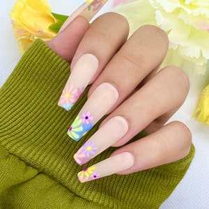 Spring Flowers Press On Nails | Glue On Nails | Long Nails | Stick On Nails | Fake Nails | Gifts For Her | Coffin Nails | Reusable Nails