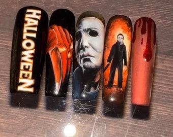 Michael Myers Halloween Press On Nails | Glue On Nails | Long Nails | Stick On Nails | Fake Nails | Halloween Nails | Reusable Nails