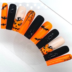 Spooky Pumpkin Long Press On Nails: Halloween Fake Nails