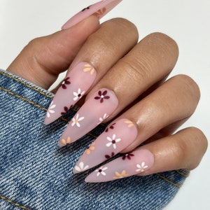 Brown Flowers Press On Nails | Glue On Nails | Stick On Nails | Fake Nails | Autumn Nails | Coffin Nails | Reusable Nails | Fall Nails