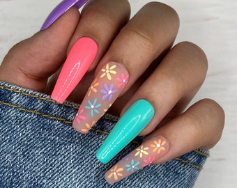 Spring Floral Press On Nails | Long Coffin Reusable Fake Nails