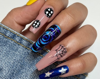 Coraline Press On Nails: Long Coffin, Halloween Fake Nails