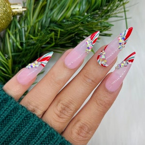 Candy Cane French Press On Nails Glue On Nails Stick On Nails Fake Nails Christmas Nails Stiletto Nails Reusable Nails image 2