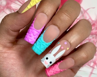 Colorful Bunny Sweater Press On Nails | Glue On Nails | Stick On Nails | Fake Nails | Gifts For Her | Reusable Nails