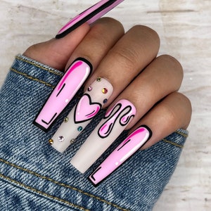 Comic Heart Press On Nails | Glue On Nails | Long Nails | Stick On Nails | Fake Nails | Gifts For Her | Valentines Day | Reusable Nails