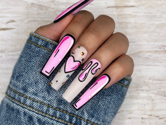Reusable Pink Color Fake Nails Cute Lovely Medium Length Fake Nail Stickers  | eBay