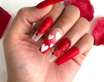 Red Heart Classic Press On Nails | Glue On Nails | Stick On Nails | Fake Nails | Gifts For Her | Valentines Day | Reusable Nails