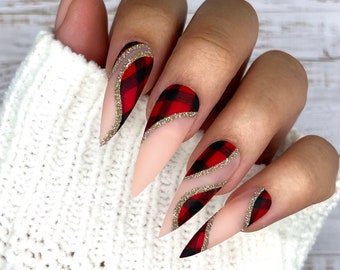 Plaid Swirl Press On Nails | Christmas Nails | Winter Nails | Holiday | Seasonal | Fake Nails | Glue On Nails | Gifts For Her