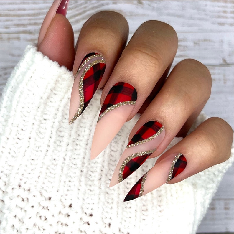 Plaid Swirl Press on Nails Christmas Nails Winter Nails - Etsy