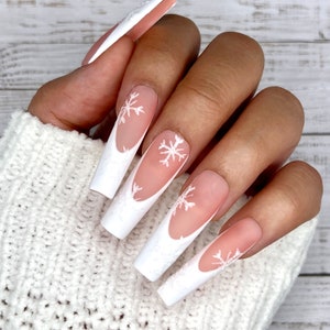 French Snowflake Press On Nails | Winter Nails | Christmas Nails | Long Nails | Seasonal | Holiday | Gifts For her