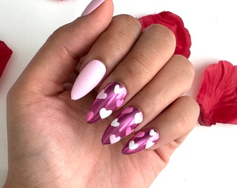 Pink Chrome Heart Press On Nails | Glue On Nails | Stick On Nails | Fake Nails | Gifts For Her | Valentines Day | Reusable Nails