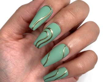 Gold and Green Swirl Press On Nails | Glue On Nails | Spring Nails | Stick On Nails | Fake Nails | Gifts For Her | Reusable Nails