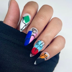Block Abstract Press On Nails | Glue On Nails | Short Nails | Stick On Nails | Fake Nails | Gifts For Her | Stiletto Nails | Reusable Nails