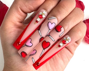 Heart Lollipop Press On Nails | Glue On Nails | Long Nails | Stick On Nails | Fake Nails | Gifts For Her | Valentines Day | Reusable Nails