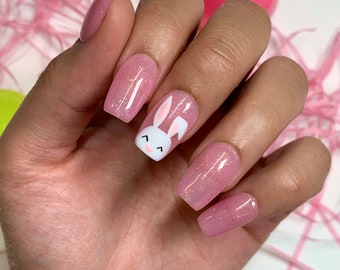 Cute Glitter Pink Bunny Press On Nails | Glue On Nails | Stick On Nails | Easter | Gifts For Her | Reusable Nails