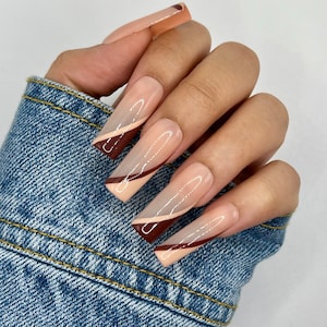 Brown Half French Press On Nails | Glue On Nails | Long Nails | Stick On Nails | Fake Nails | Gifts For Her | Coffin Nails | Reusable Nails