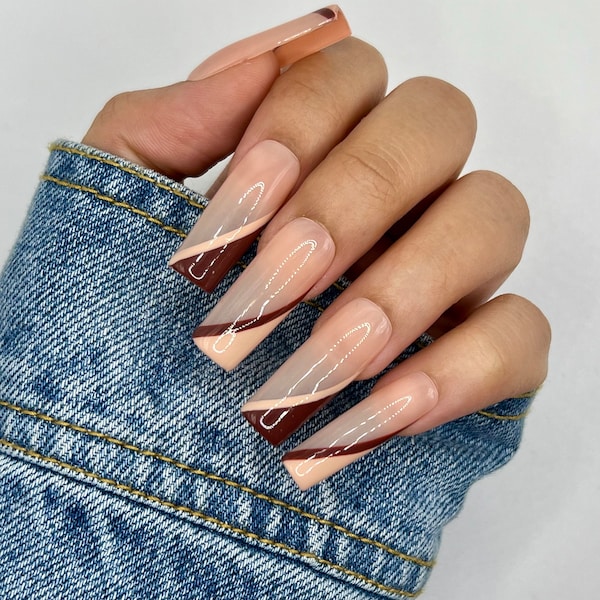 Brown Half French Press On Nails | Glue On Nails | Long Nails | Stick On Nails | Fake Nails | Gifts For Her | Coffin Nails | Reusable Nails