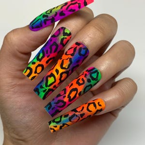 Neon Rainbow Cheetah Press On Nails | Glue On Nails | Long Nails | Stick On Nails | Fake Nails | Gifts For Her | Reusable Nails