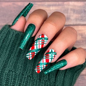 Green Glitter Plaid Press On Nails | Christmas Nails | Winter Nails | Holiday | Seasonal | Gifts For Her | Glue On Nails