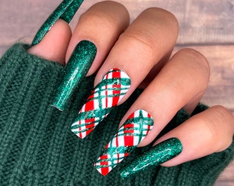 Green Glitter Plaid Press On Nails | Christmas Nails | Winter Nails | Holiday | Seasonal | Gifts For Her | Glue On Nails