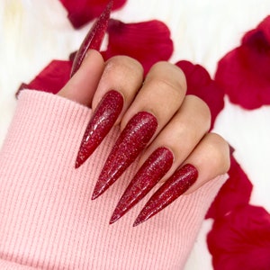 Red Reflective Press On Nails | Glue On Nails | Long Nails | Stick On Nails | Fake Nails | Gifts For Her | Stiletto Nails | Reusable Nails