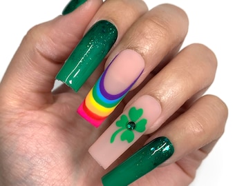 Lucky Rainbow French Press On Nails | Glue On Nails | Stick On Nails | Fake Nails | St. Patrick’s Day| Green Nails | Reusable Nails