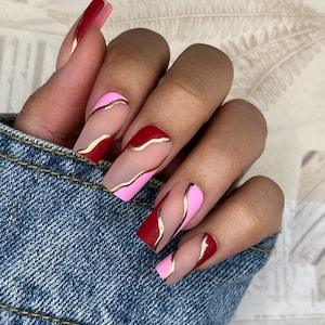 Abstract Valentine Press On Nails | Glue On Nails | Stick On Nails | Fake Nails | Gifts For Her | Valentines Day | Reusable Nails