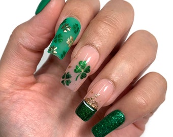 Pot of Gold Press On Nails | Glue On Nails | Stick On Nails | Fake Nails | St. Patrick’s Day| Green Nails | Reusable Nails