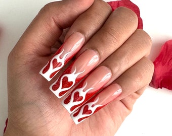 Heart Flame Press On Nails | Long Square Valentines Reusable Nails