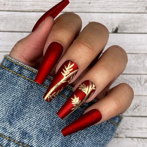 Red Satin Bamboo Press On Nails | Glue On Nails | Chinese New Year | Fake Nails | Gifts For Her | Lunar New Year | Reusable Nails