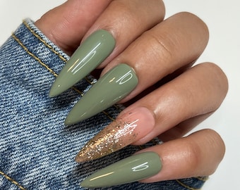 Sage Glitter Press On Nails | Glue On Nails | Stick On Nails | Fake Nails | Autumn Nails | Coffin Nails | Reusable Nails | Fall Nails